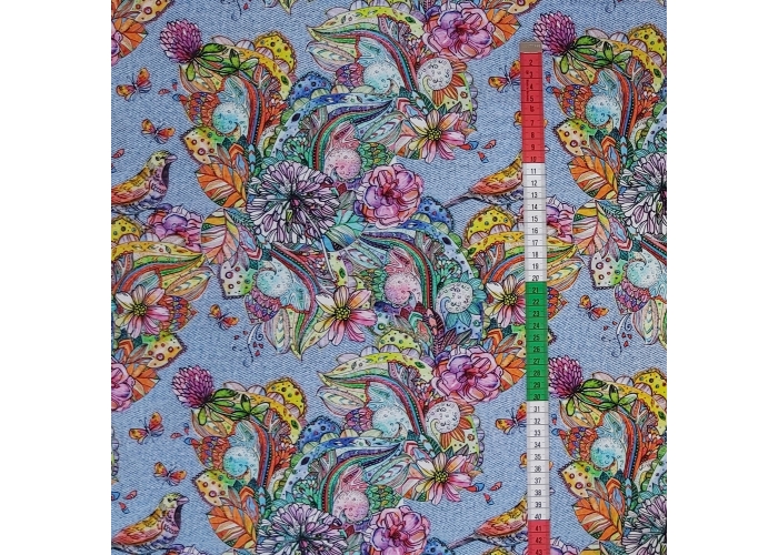 DZIANINA DRESOWA - KWIATY NA JEANSIE - 240g/m²/180cm